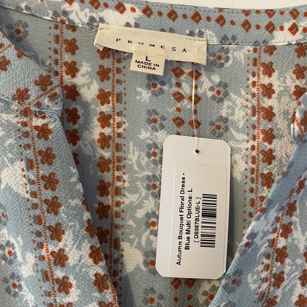 NWT Promesa Blue Floral Long Sleeve Mini Pullover Dress Size Large - Picture 2 of 3